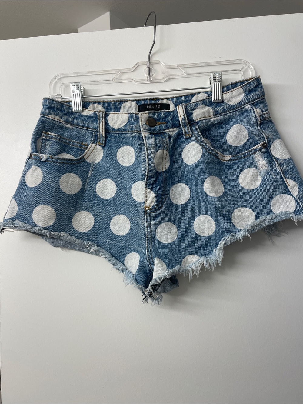 Polka Dot Denim Cutoff Shorts - Blue